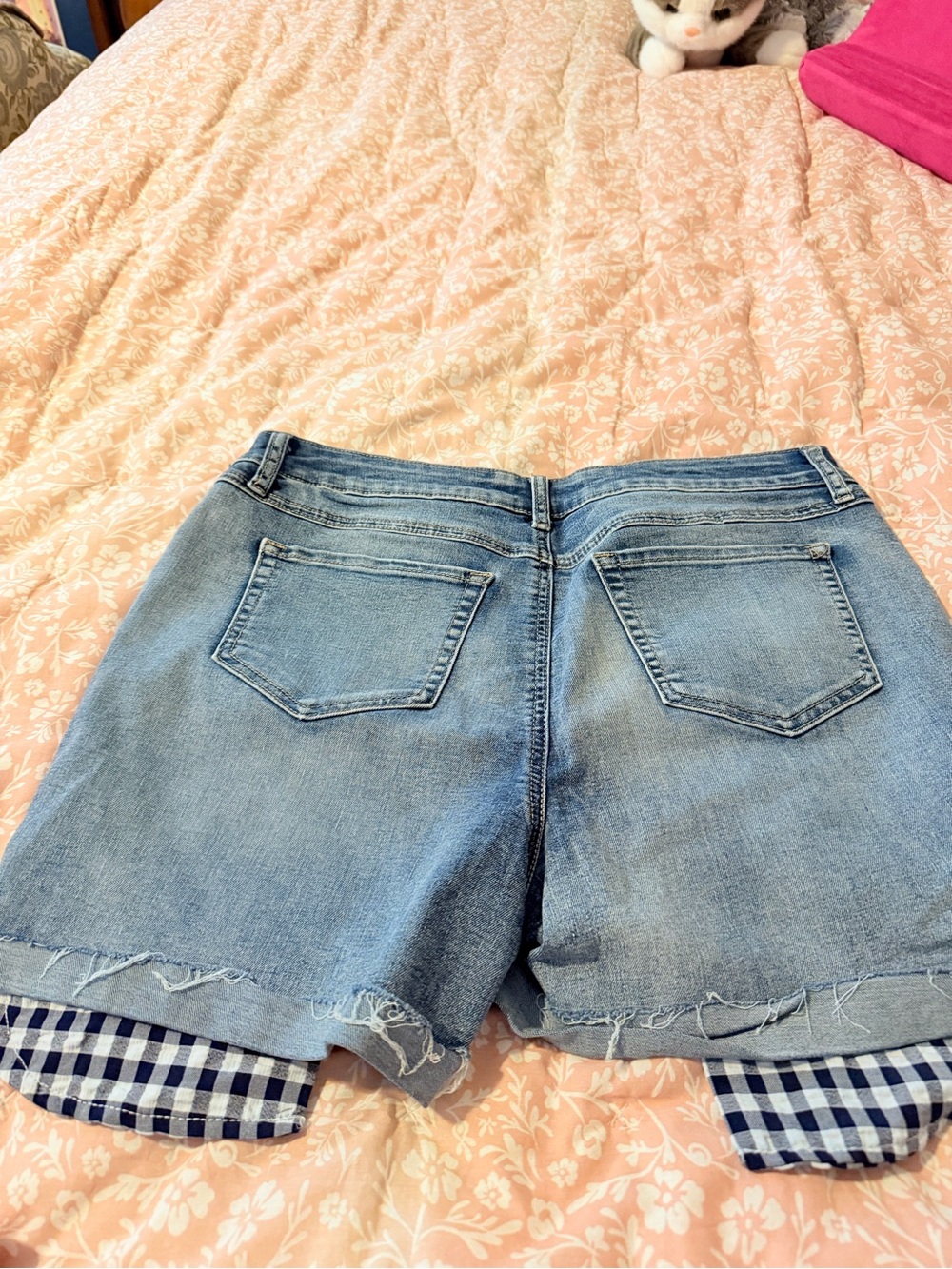 Cato Light Blue Distressed Denim Shorts with Gingham Trim - Picture 5 of 5